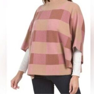 Note Di Anita Merino Wool Checkered Dolman Sleeve Mock Neck Poncho Made in Italy